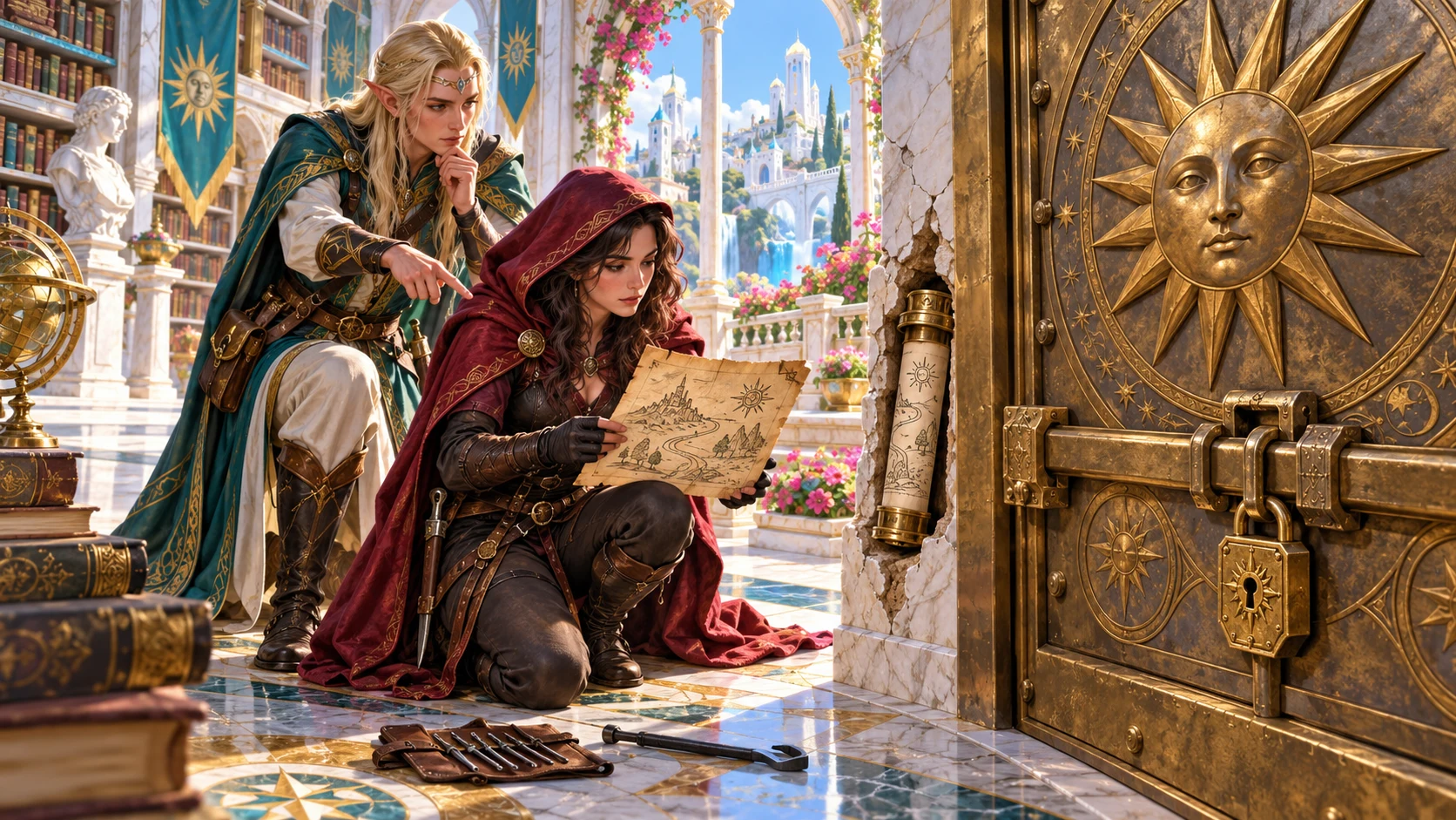 Adventurers study a newly discovered map beside a still-locked sun-emblazoned door and discarded lockpicks.