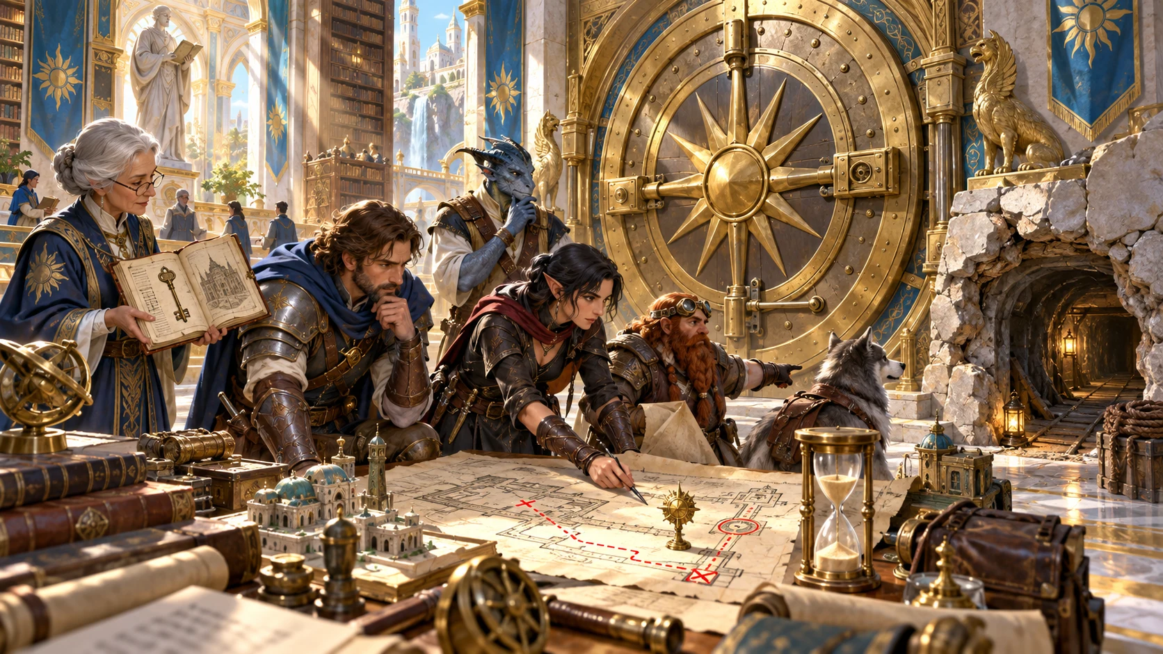Adventurers inspect a route map and a newly exposed passage beside the still-locked door, with an hourglass marking the opportunity.