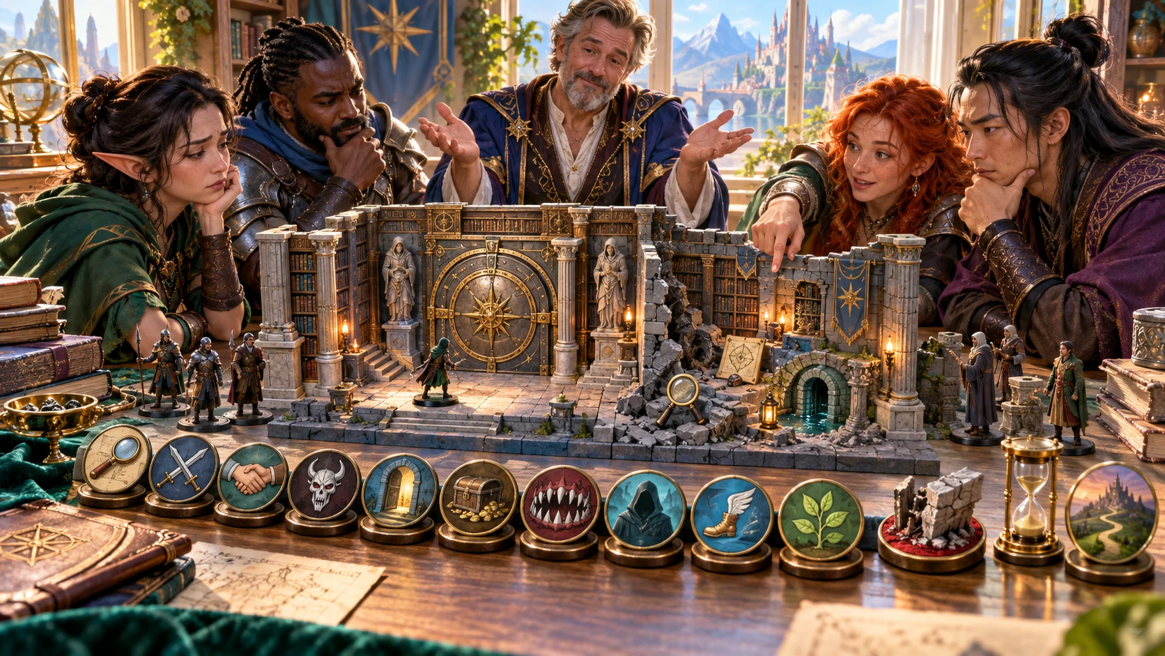 Players compare a locked-door objective and several useful openings around a miniature ruin with benefit markers.